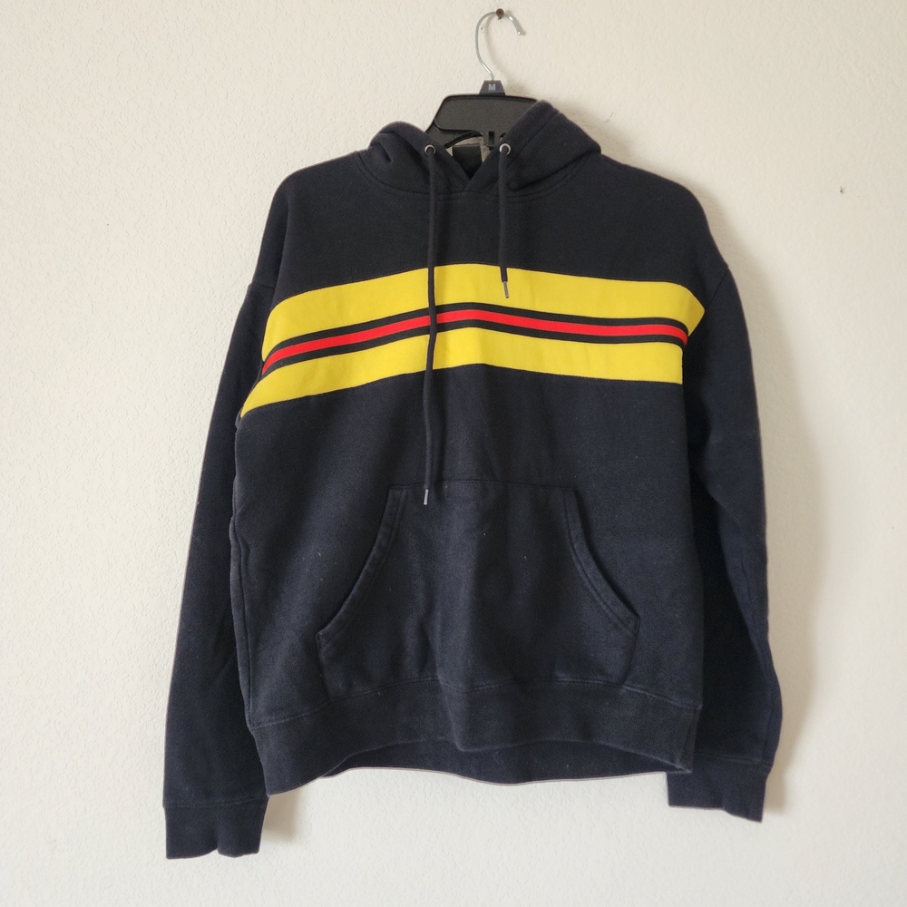 Zine Clothing - Black Hoodie with Bold Yellow and Red Stripes - Size: Small